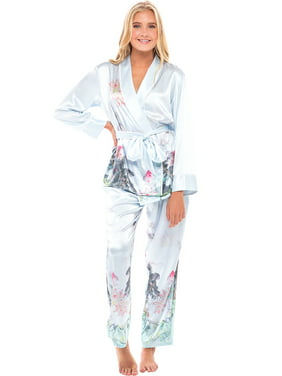 Allison Rhea Blue Floral Satin Coat-style Pajamas for Women